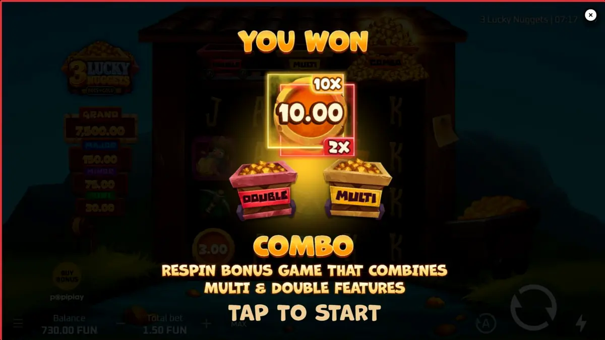 Interface do jogo de slot 3 Lucky Nuggets com tema de mineração