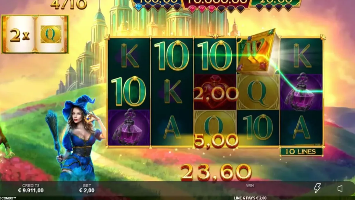 Interface do slot Book of Oz Magic 5 Power Combo com elementos mágicos e grade de jogo